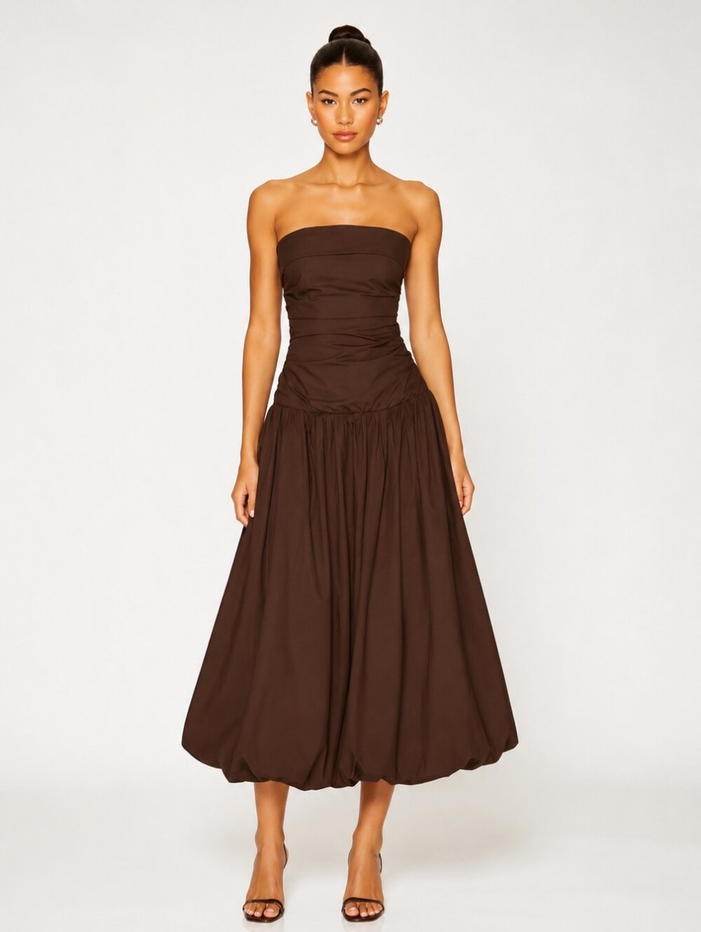 Nia Freya Chocolate Brown Strapless Bubble Hem Midi Dress New Size L